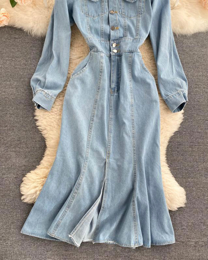 Stylish denim backless dress long sleeve dress  1019
