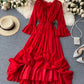 Red chiffon lace dress red A line dress  993