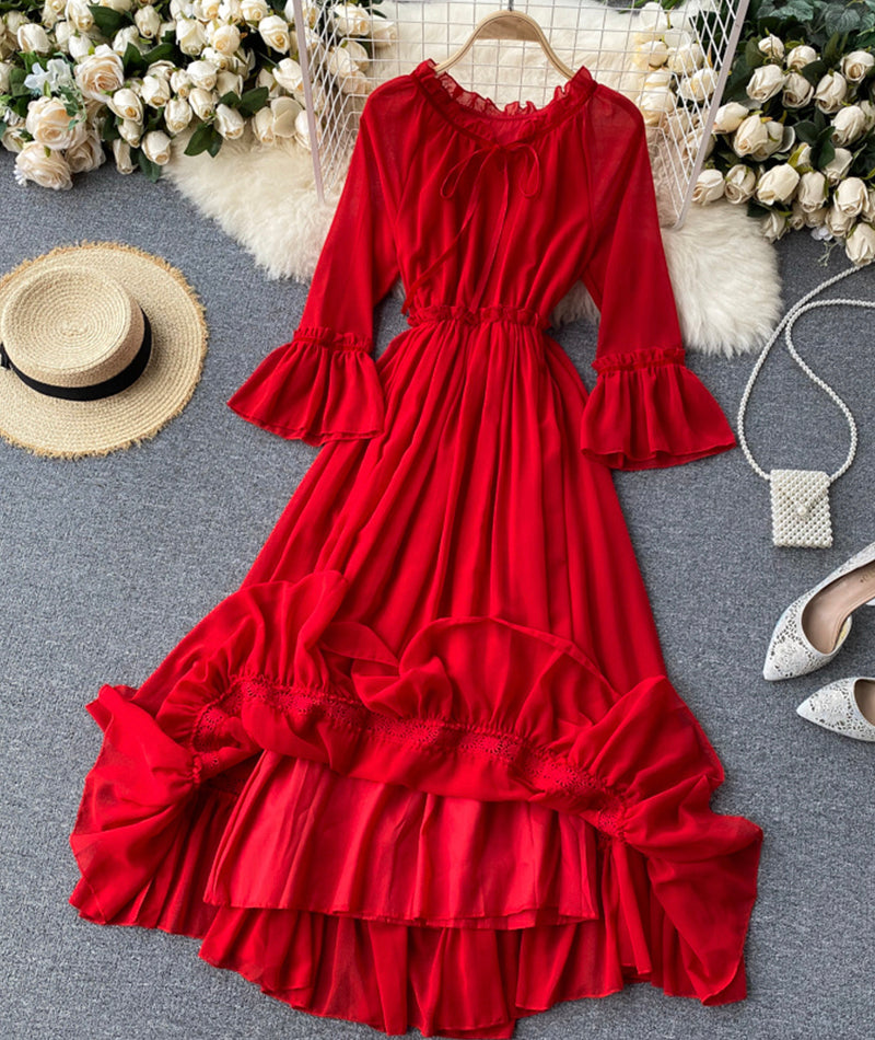 Red chiffon lace dress red A line dress  993