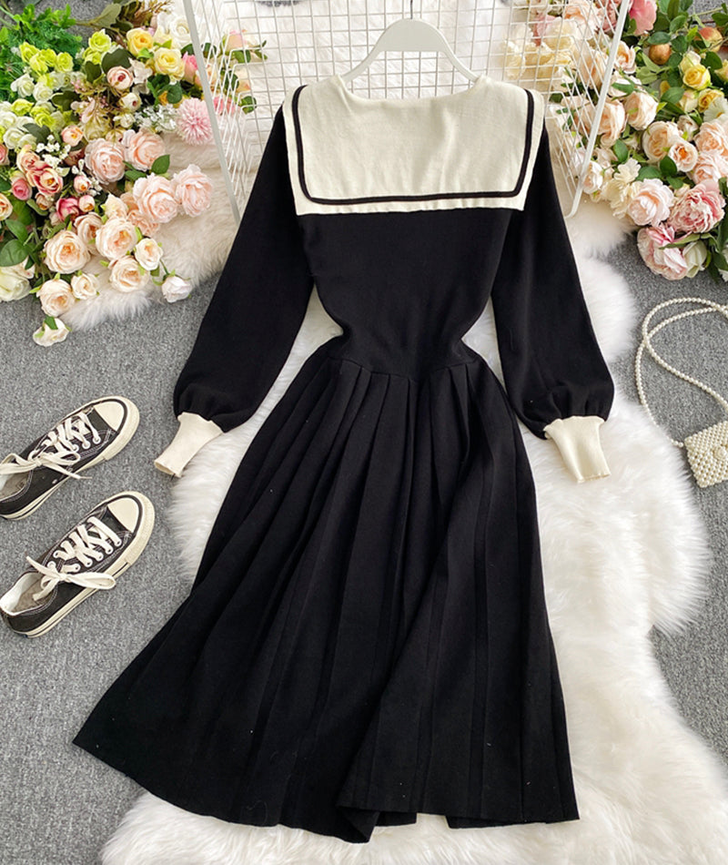 Black navy style knitted dress long sleeve dress  1010