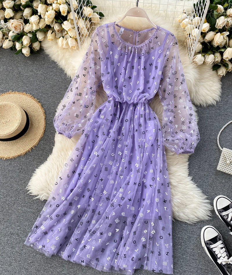 Cute A line letter dress long sleeve dress two pieces sets  1038
