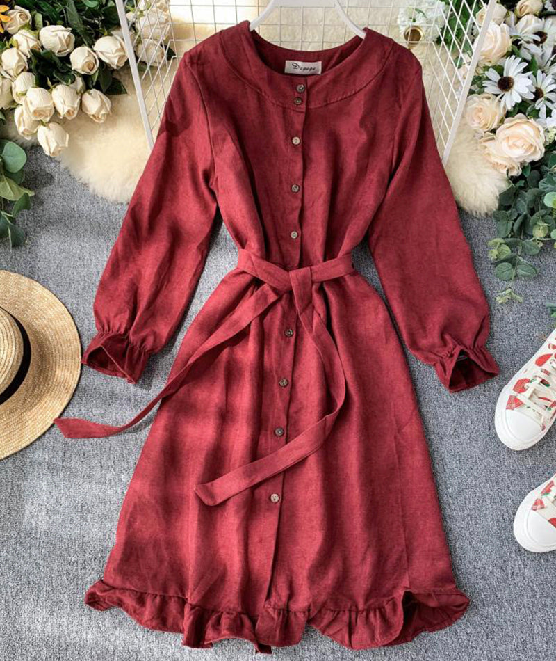 Long sleeve ruffle hem button down dress  1041