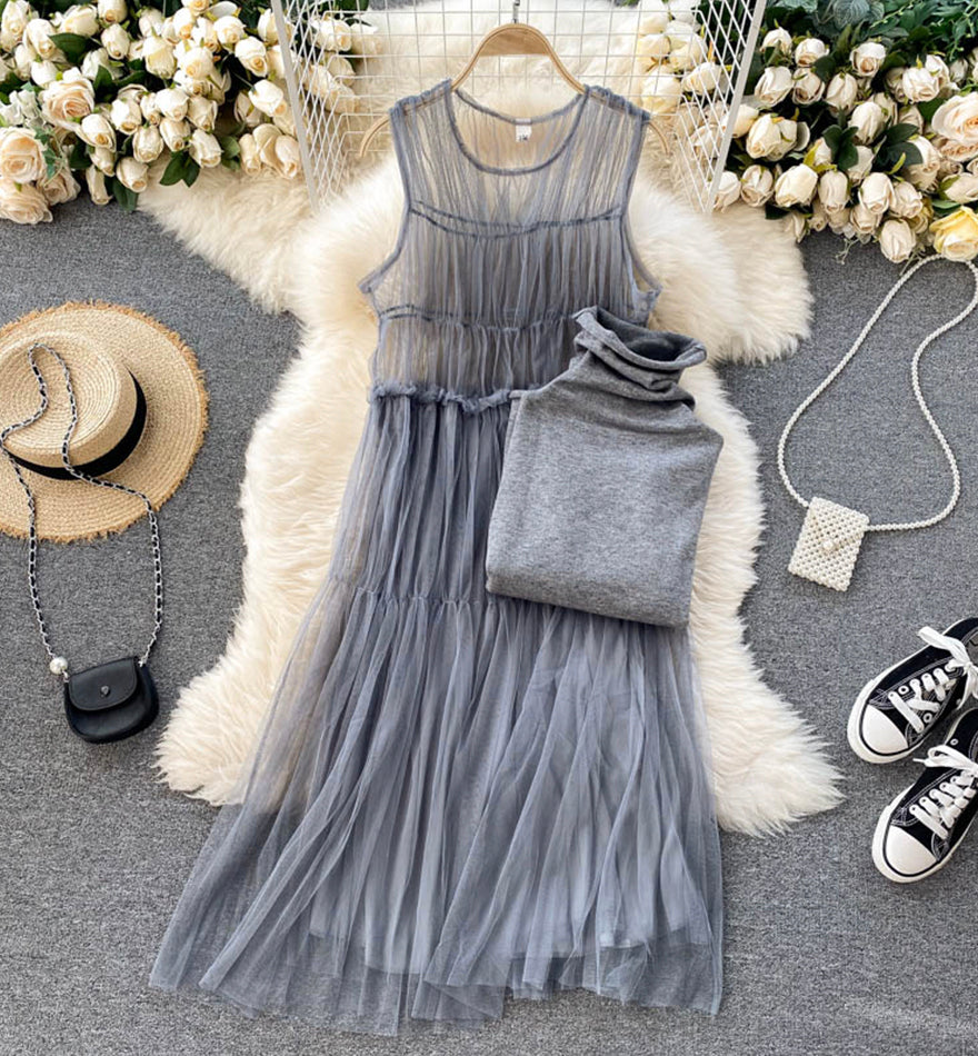 Stylish high neck bottoming shirt + sleeveless tulle dress two piece sets  991