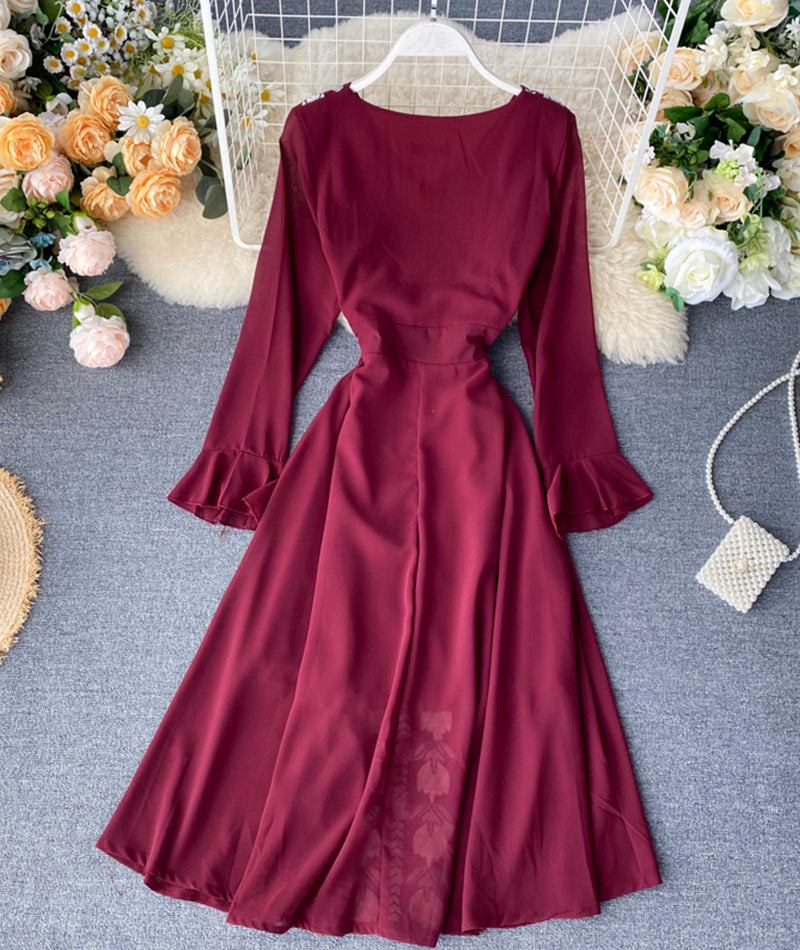 Stylish A line embroidery dress v neck chiffon dress  1016