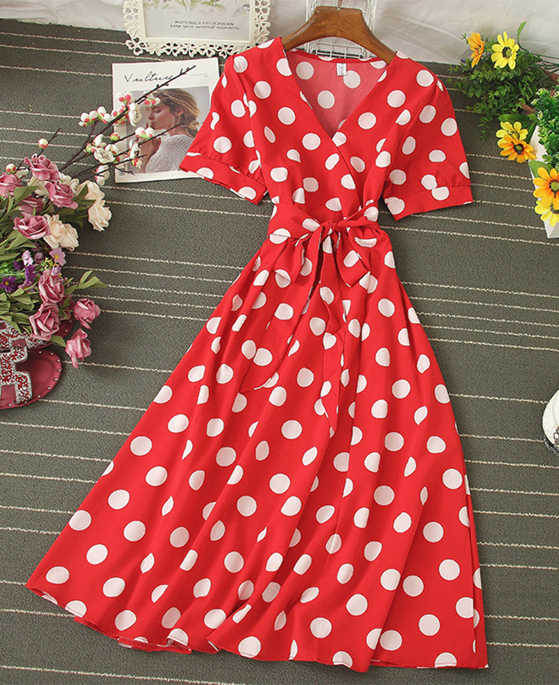 A line v neck polka dot dress fashion dress  1073