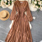 Vintage v neck pleated dress long sleeve dress  1033