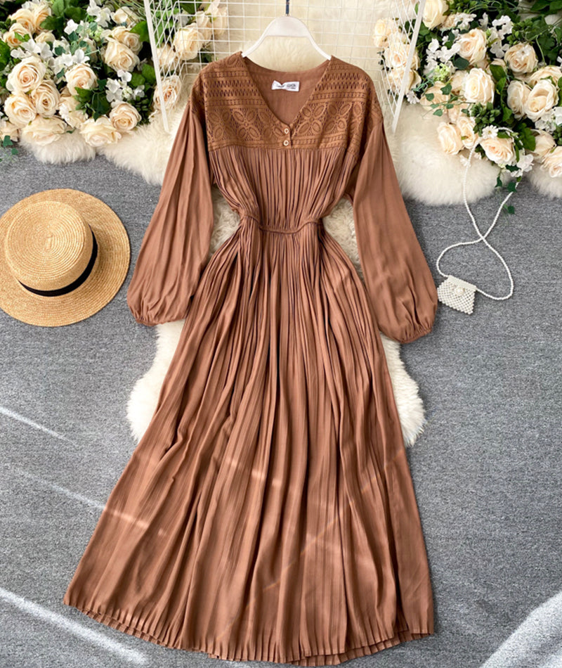 Vintage v neck pleated dress long sleeve dress  1033