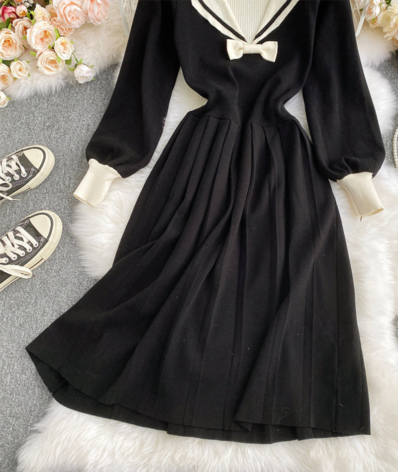Black navy style knitted dress long sleeve dress  1010