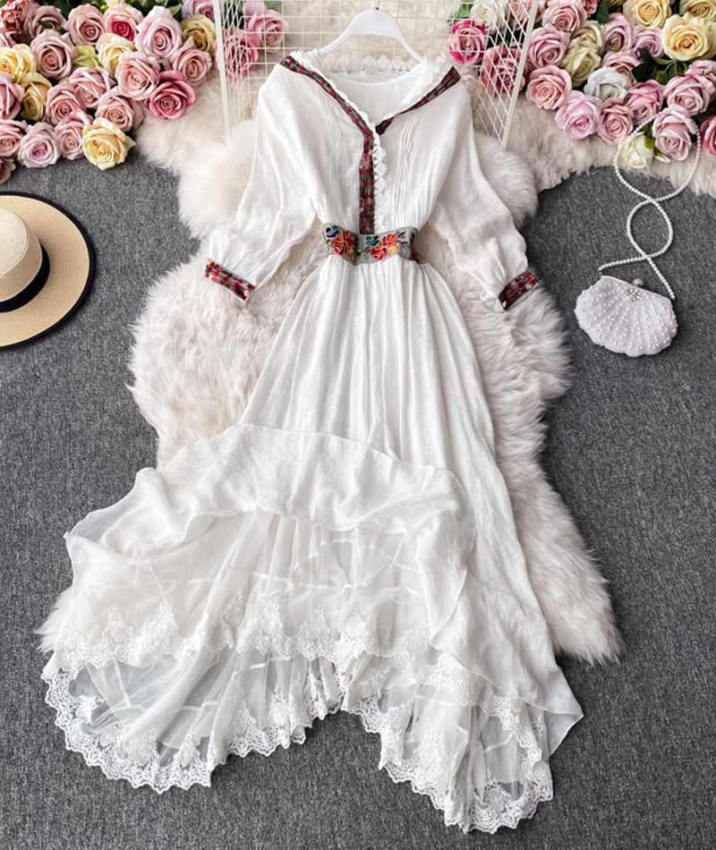 A line v neck lace long sleeve dress  995