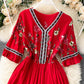 A line v neck embroidery dress  992