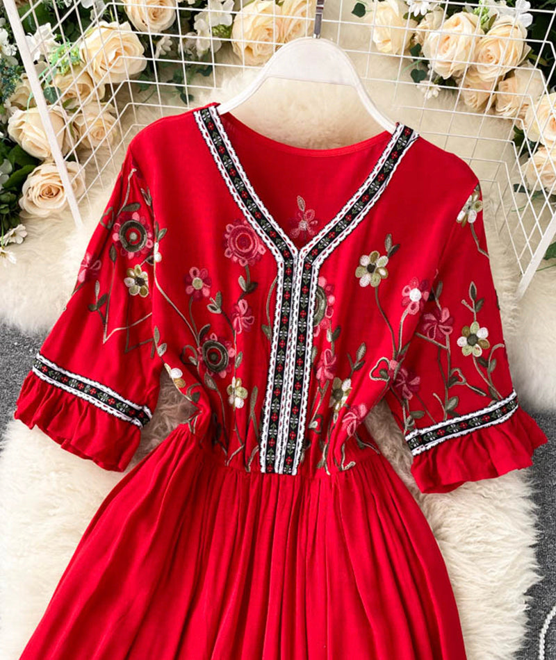 A line v neck embroidery dress  992