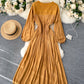 Vintage v neck pleated dress long sleeve dress  1033