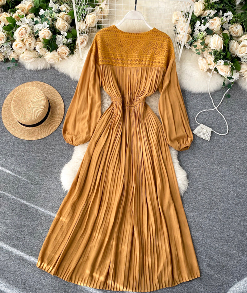 Vintage v neck pleated dress long sleeve dress  1033