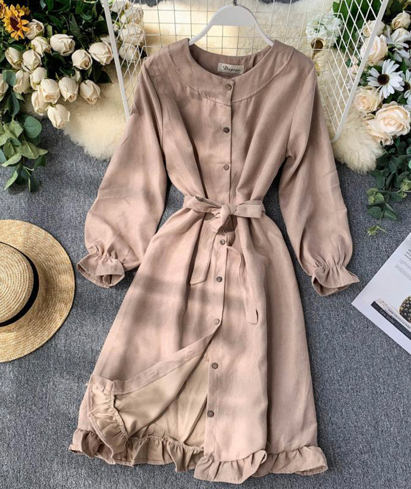 Long sleeve ruffle hem button down dress  1041