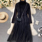 Stylish high neck bottoming shirt + sleeveless tulle dress two piece sets  991