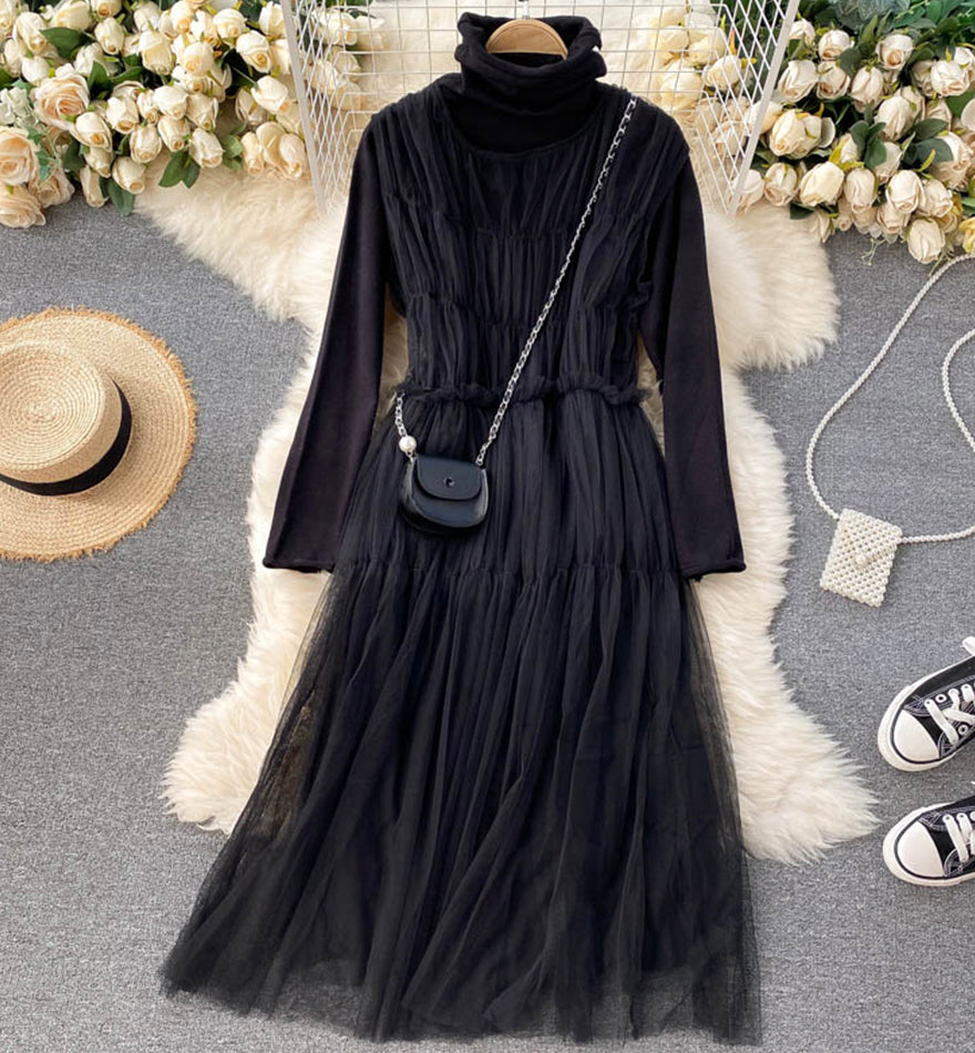 Stylish high neck bottoming shirt + sleeveless tulle dress two piece sets  991