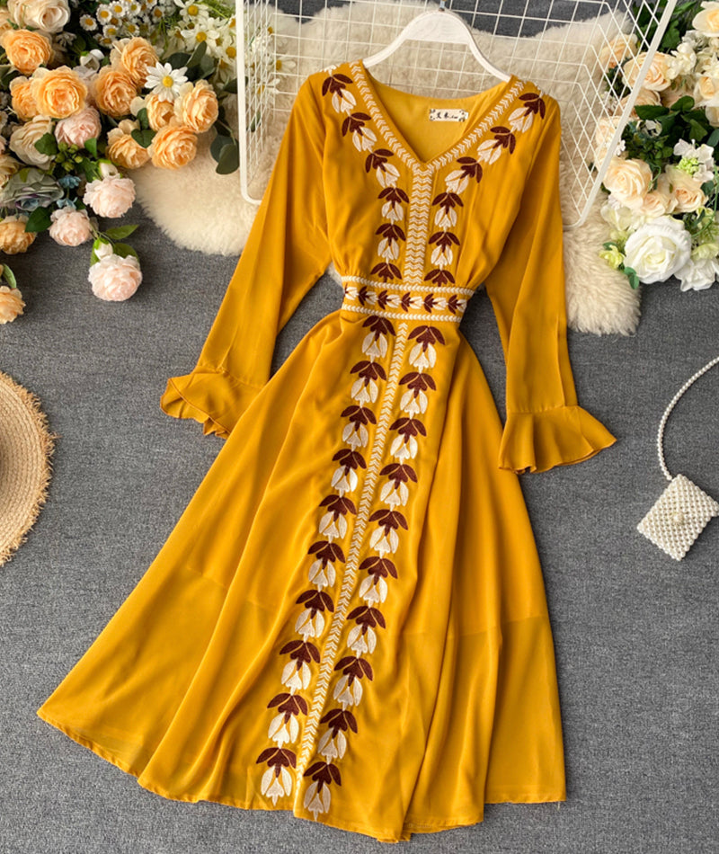 Stylish A line embroidery dress v neck chiffon dress  1016