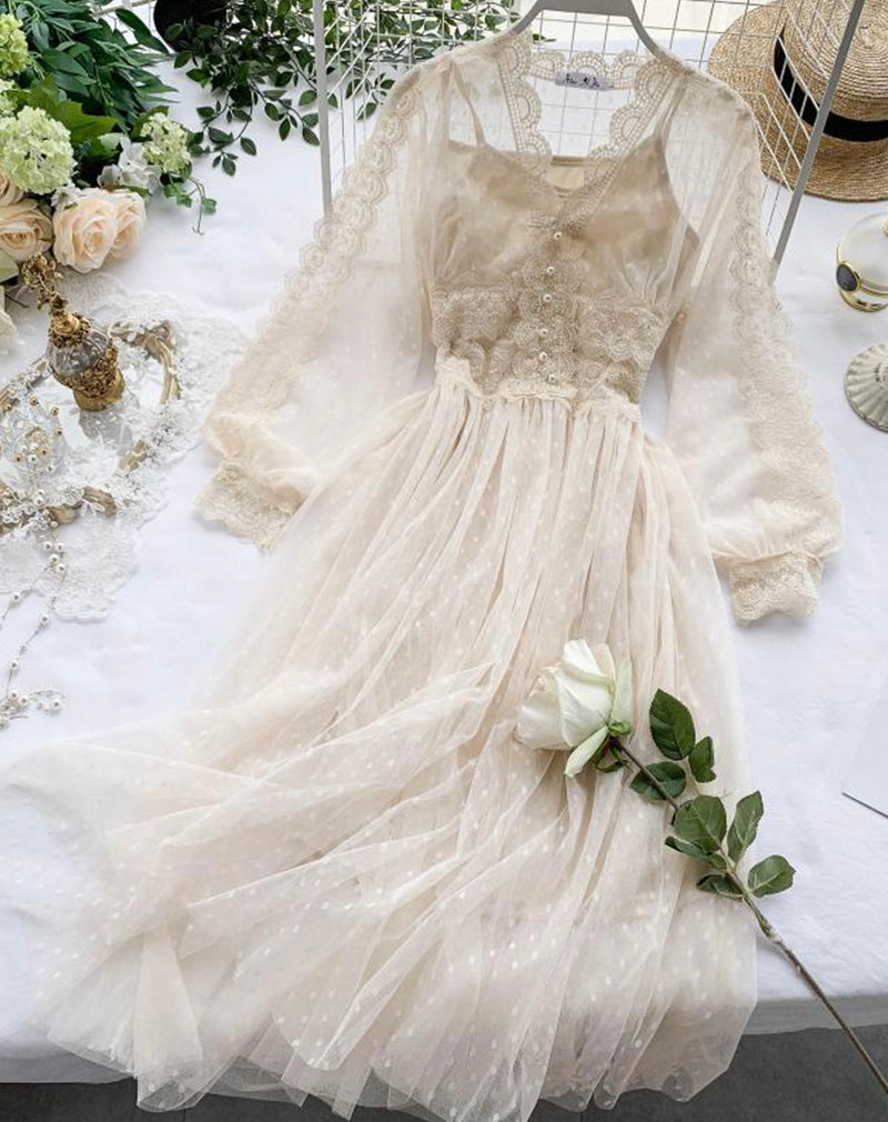 A line tulle lace long sleeve dress fashion dress  1072