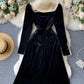 Black velvet long sleeve dress  1021