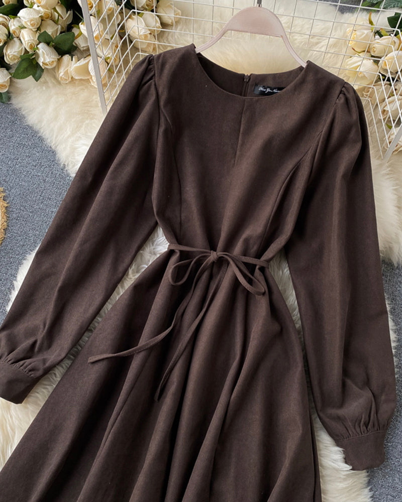 Retro round neck long sleeve dress  1020