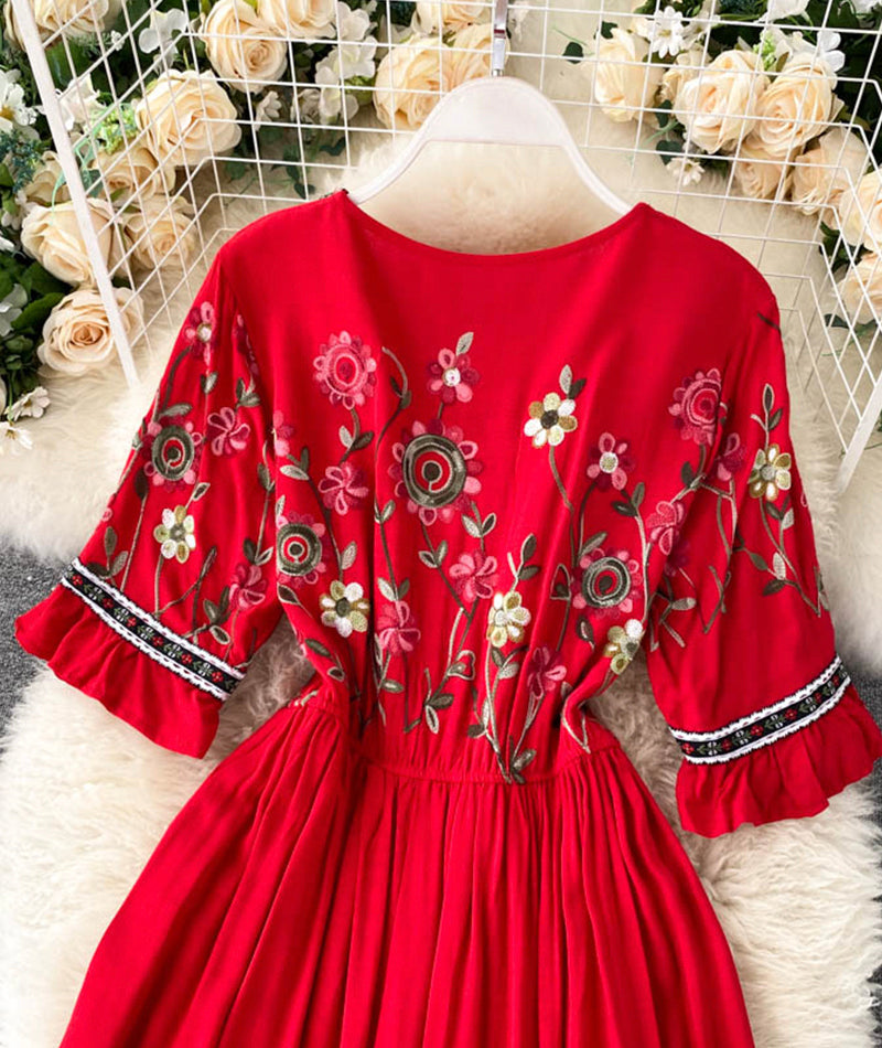 A line v neck embroidery dress  992