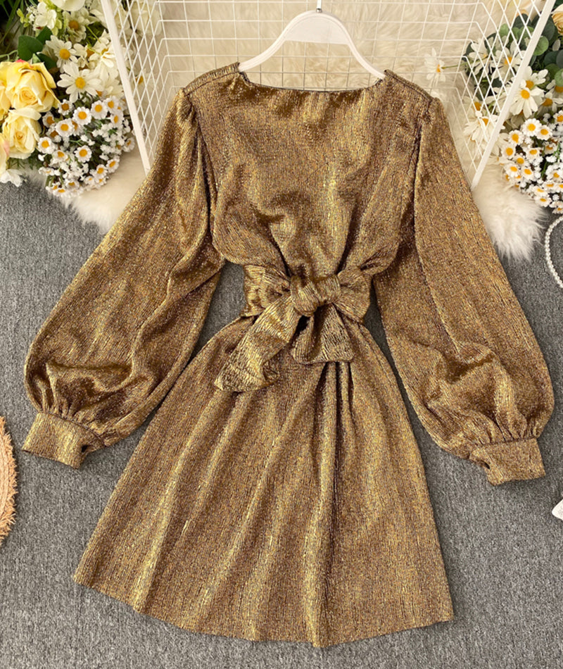 Simple v neck long sleeve short dress 990