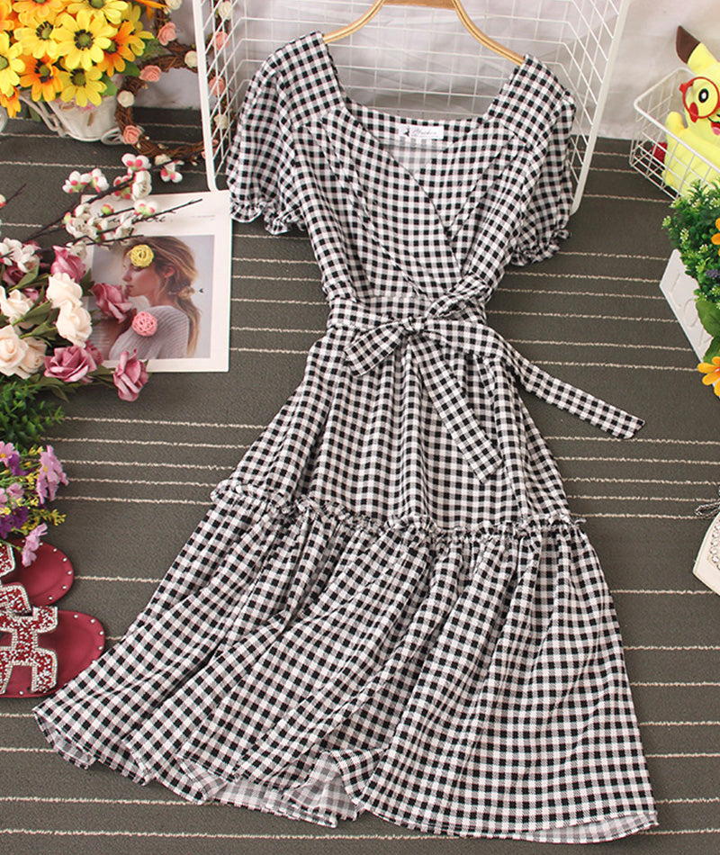 Jolie robe à carreaux Robe courte trapèze 1004