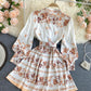 Retro print slim long sleeve dress  1031