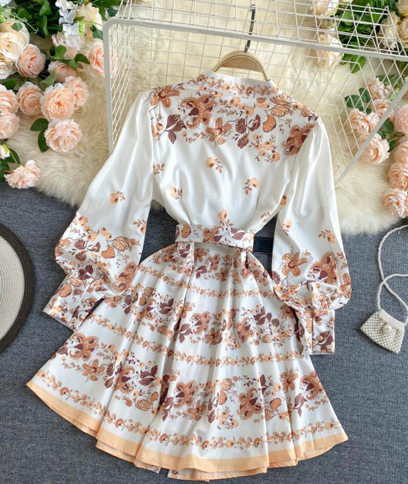 Retro print slim long sleeve dress  1031