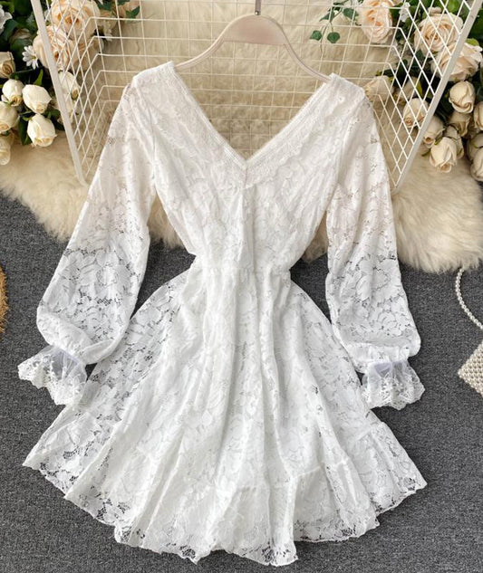 Süßes kurzes Spitzenkleid mit V-Ausschnitt Spitzenkleid 1039