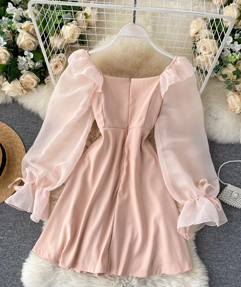 Cute A line short dress long sleeve waist dress  1034