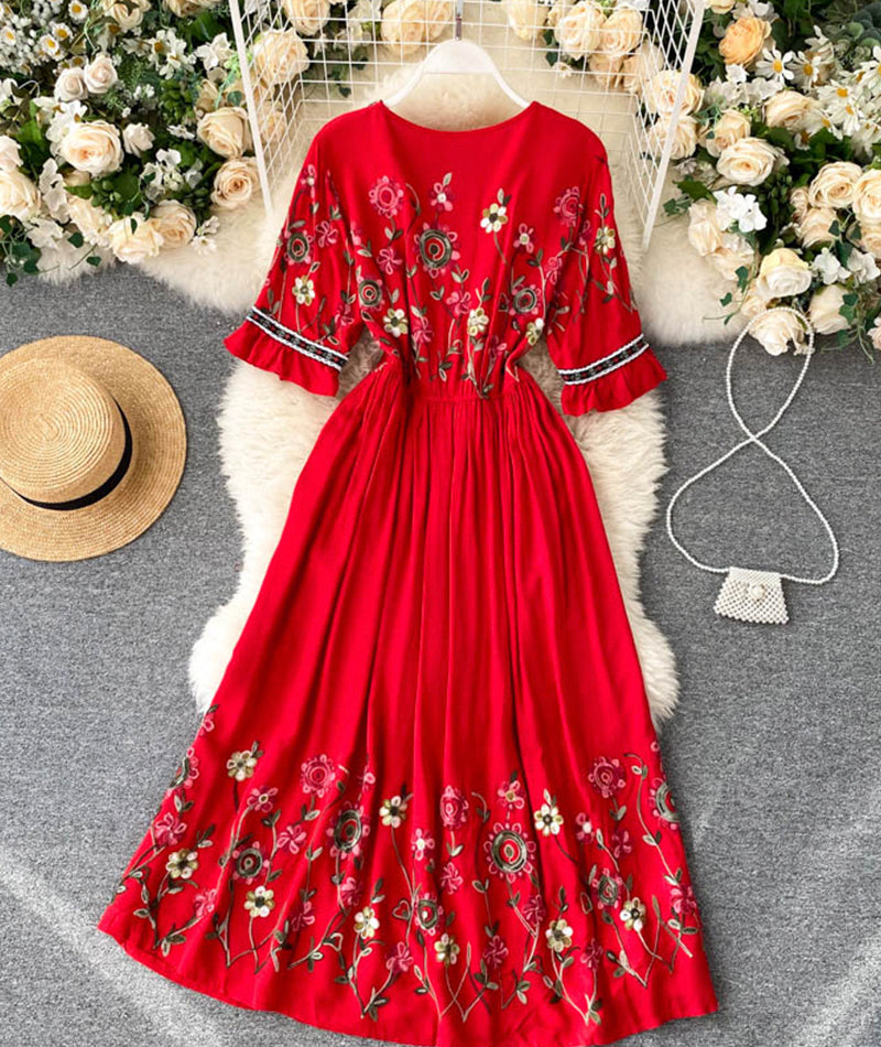 A line v neck embroidery dress  992