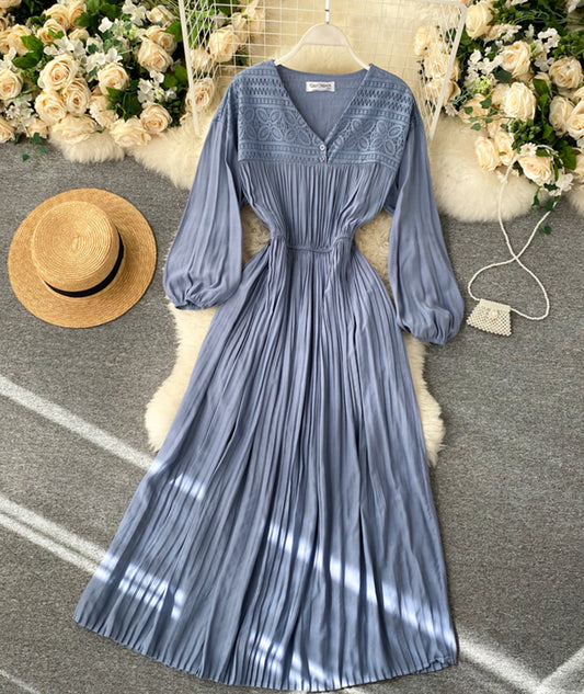 Vintage V-Ausschnitt Plissee Kleid Langarm Kleid 1033