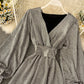 Simple v neck long sleeve short dress 990