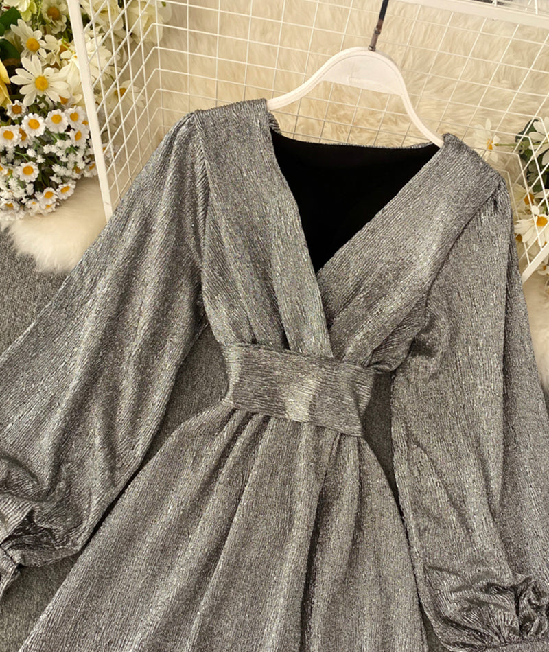 Simple v neck long sleeve short dress 990