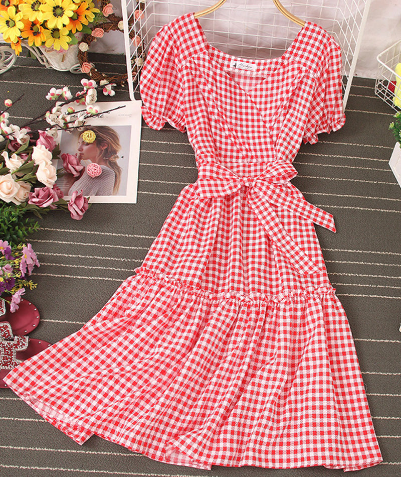 Jolie robe à carreaux Robe courte trapèze 1004