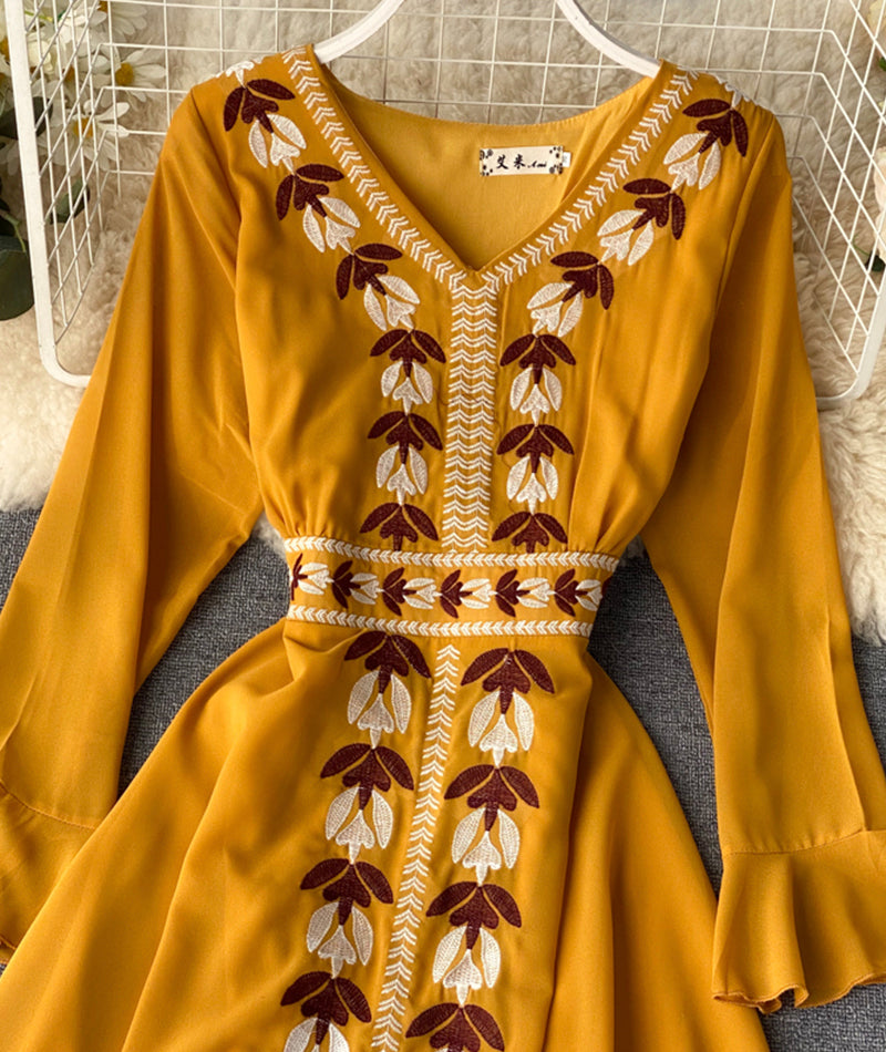 Stylish A line embroidery dress v neck chiffon dress  1016