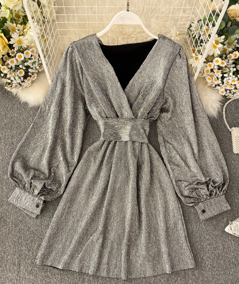 Simple v neck long sleeve short dress 990