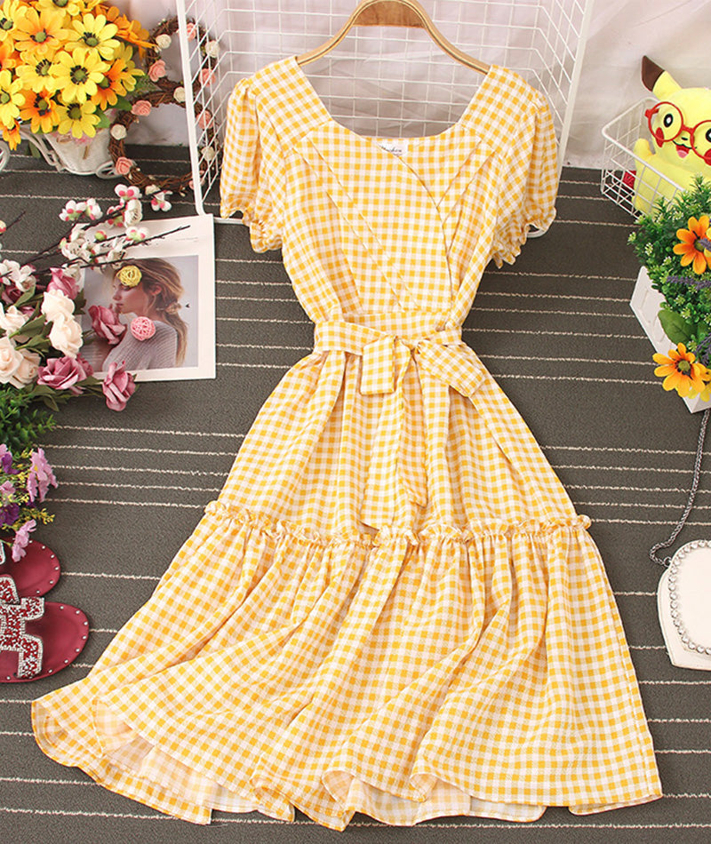 Jolie robe à carreaux Robe courte trapèze 1004