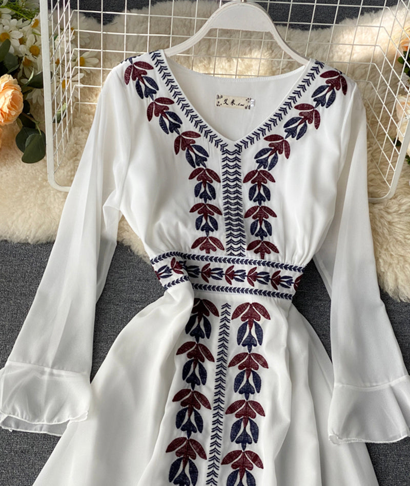 Stylish A line embroidery dress v neck chiffon dress  1016