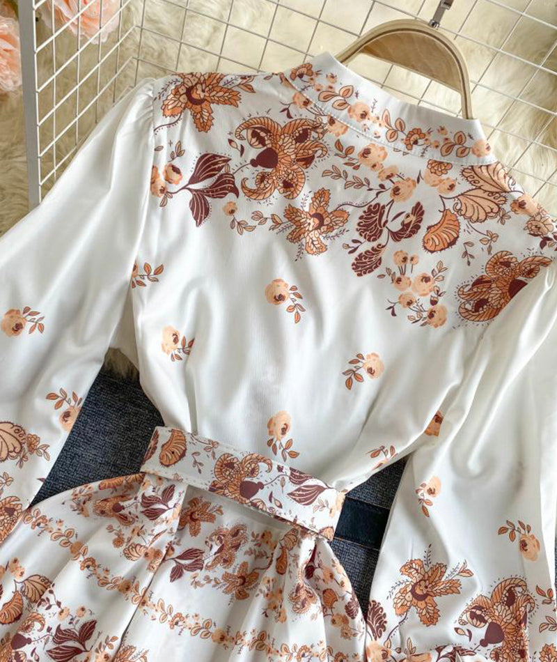 Retro print slim long sleeve dress  1031