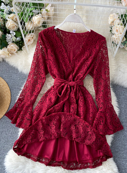 A line v neck lace short dress  1032