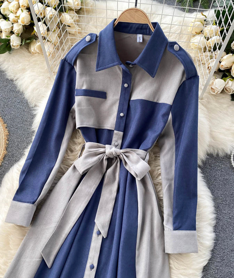 Stylish long-sleeved dress color matching slim dress  951