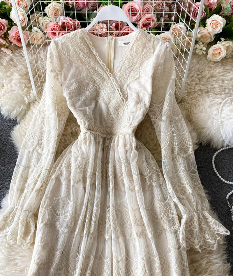 Elegant v neck lace long sleeve dress  966