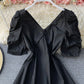 Simple A line short dress black v neck dress  933