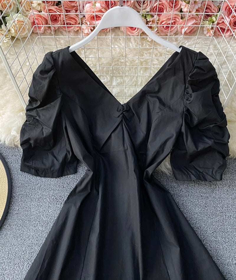 Simple A line short dress black v neck dress  933