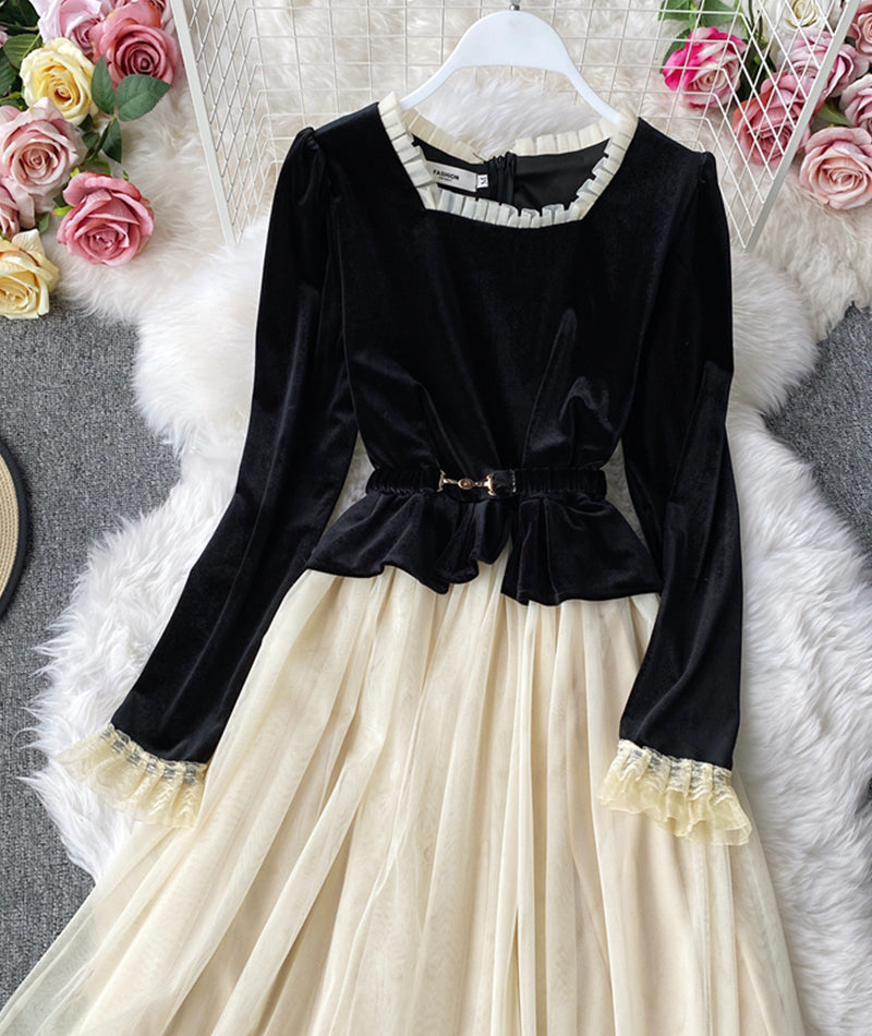 Retro A line velvet dress long sleeve dress  959