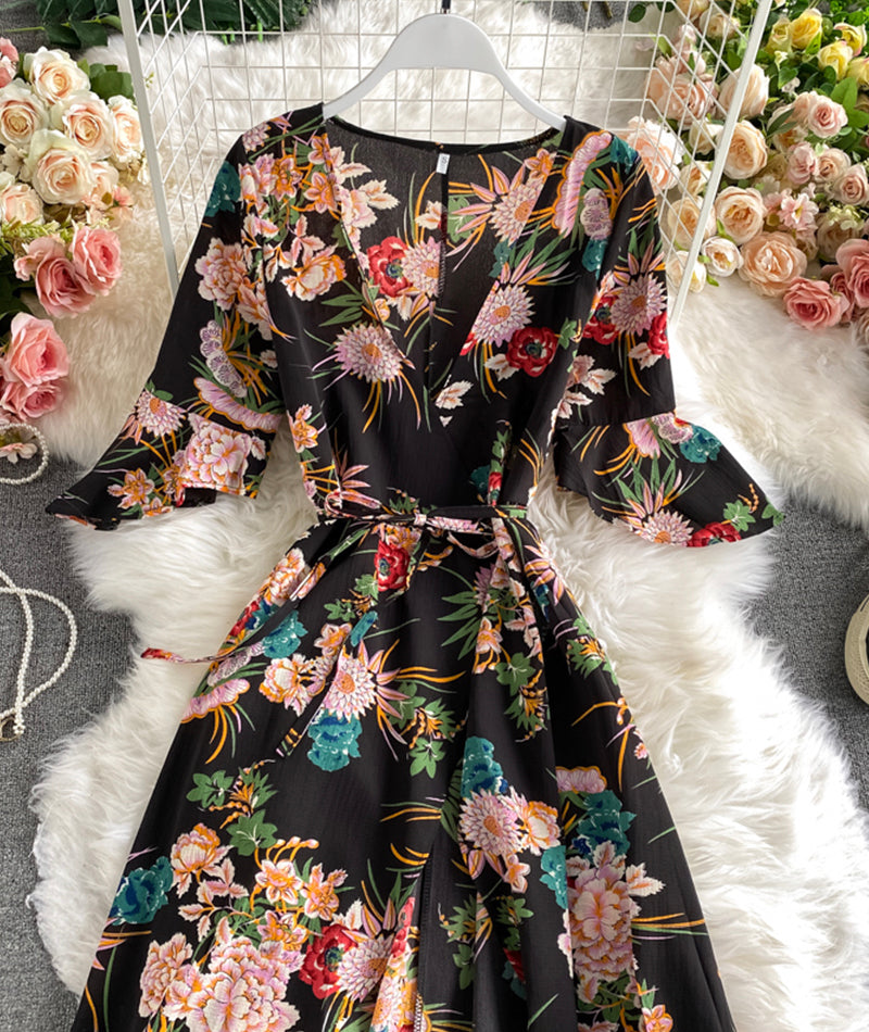 Black A line v neck floral dress  930
