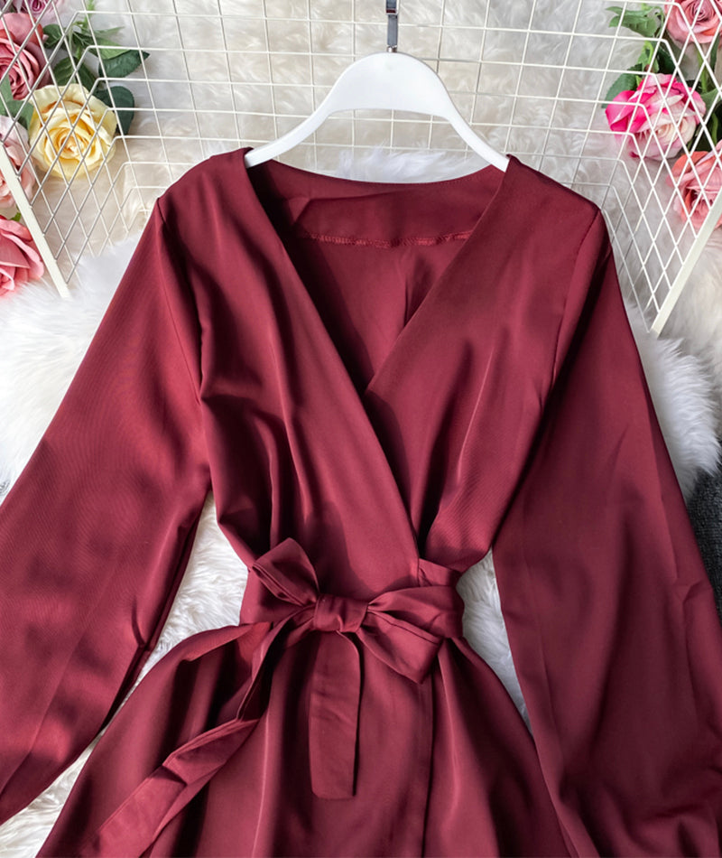 Simple v neck short dress long sleeve dress  956