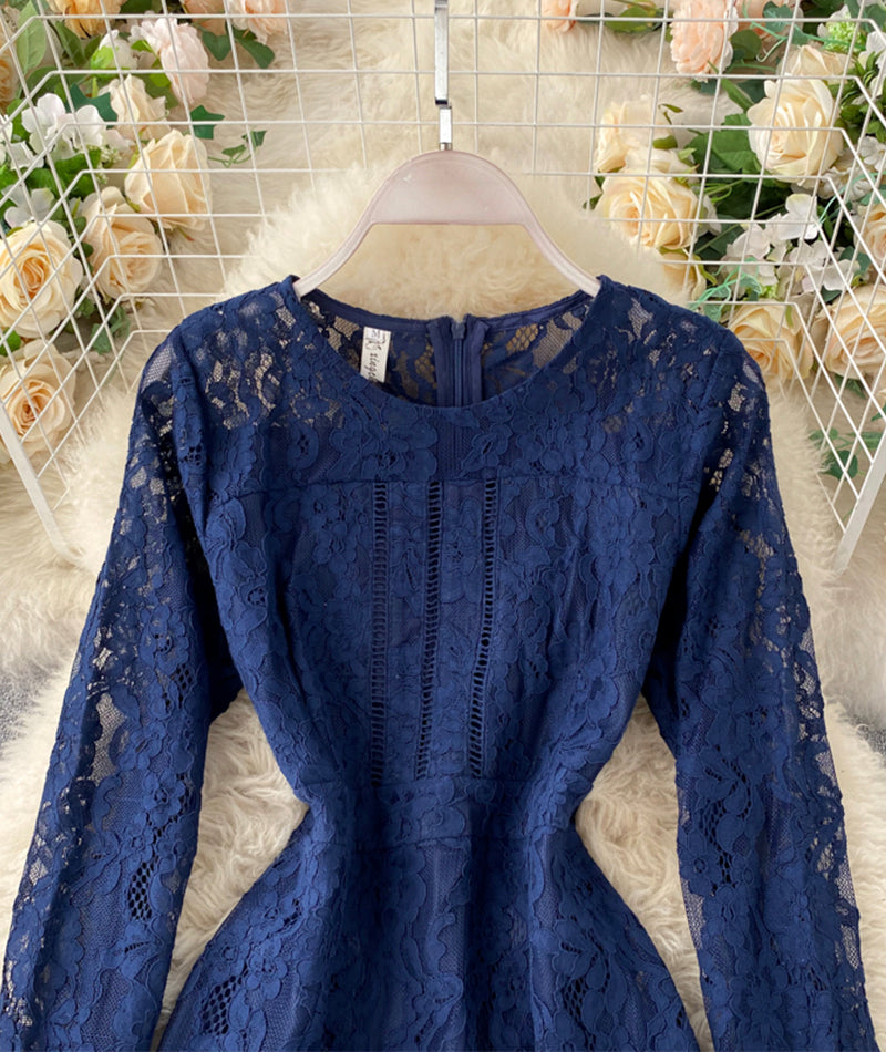 Blue round neck lace short dress long sleeve dress  955